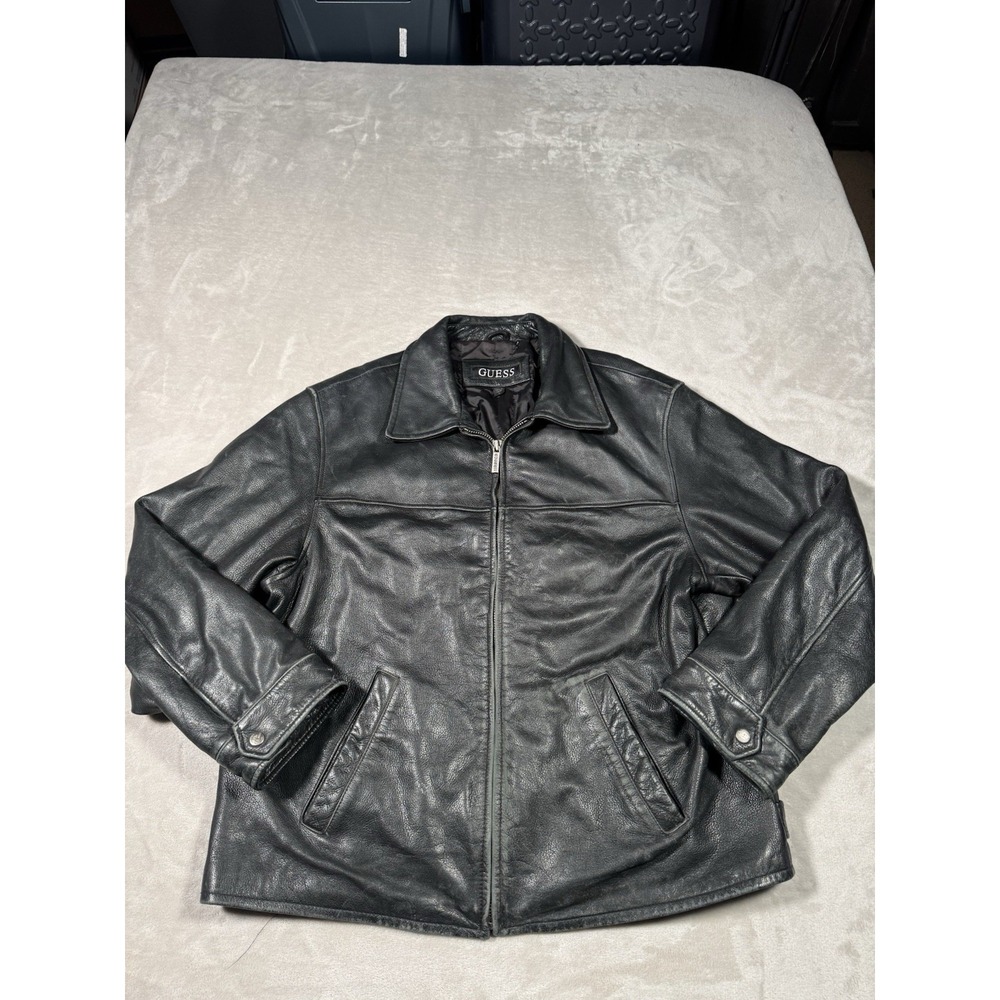Guess Leather Jacket Mens Large Black Pebble Grain